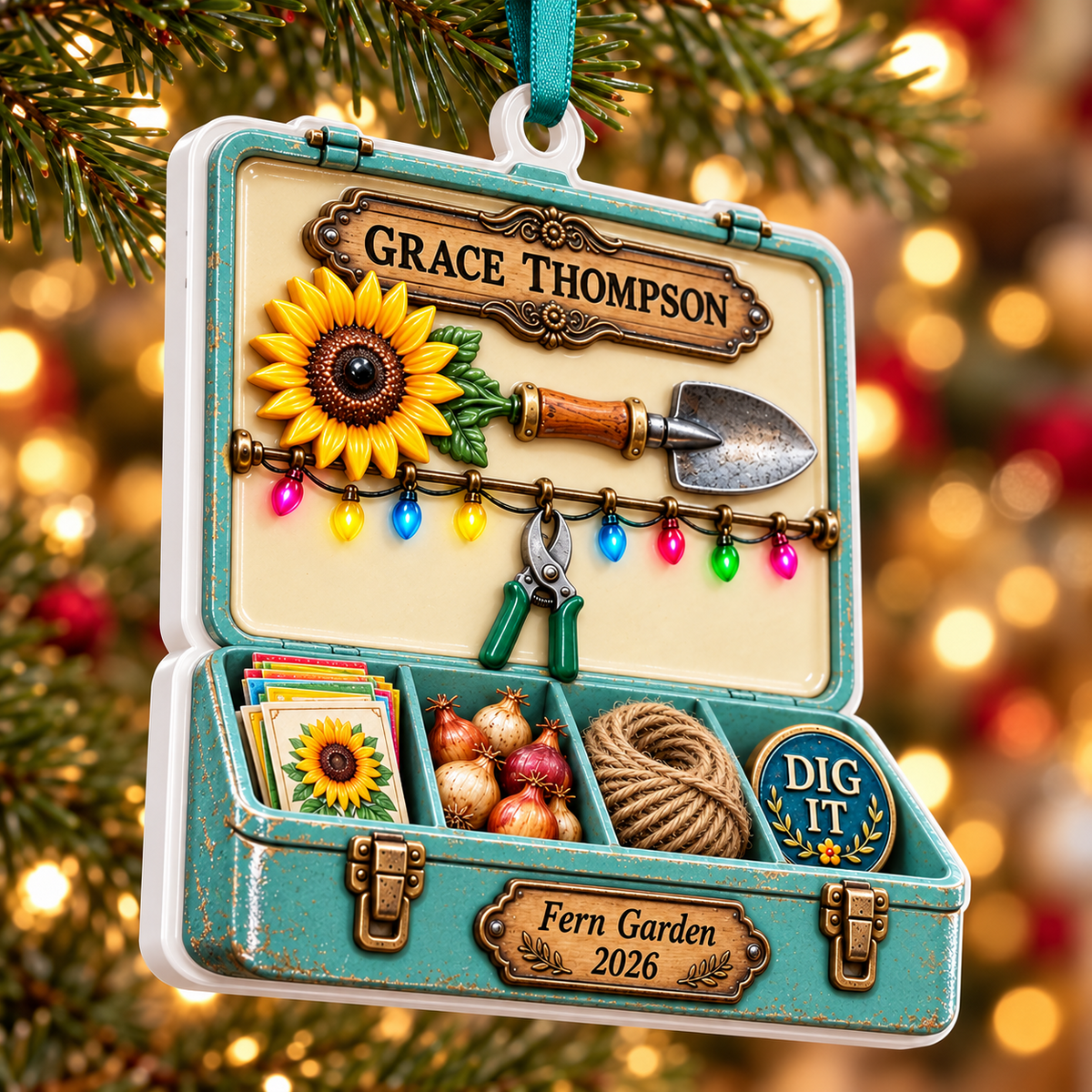 Gardening Toolbox with Seeds Trowel and Sunflower - 3D Relief Ornament