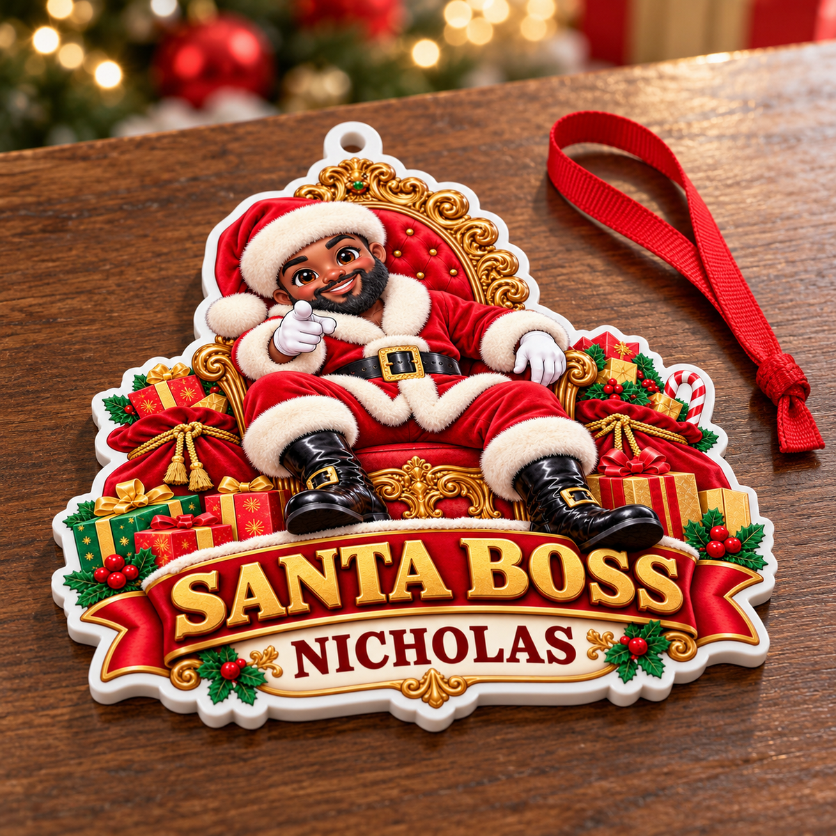 Black Santa Boss on Ornate Throne Holiday Tree Decor - 3D Relief Ornament