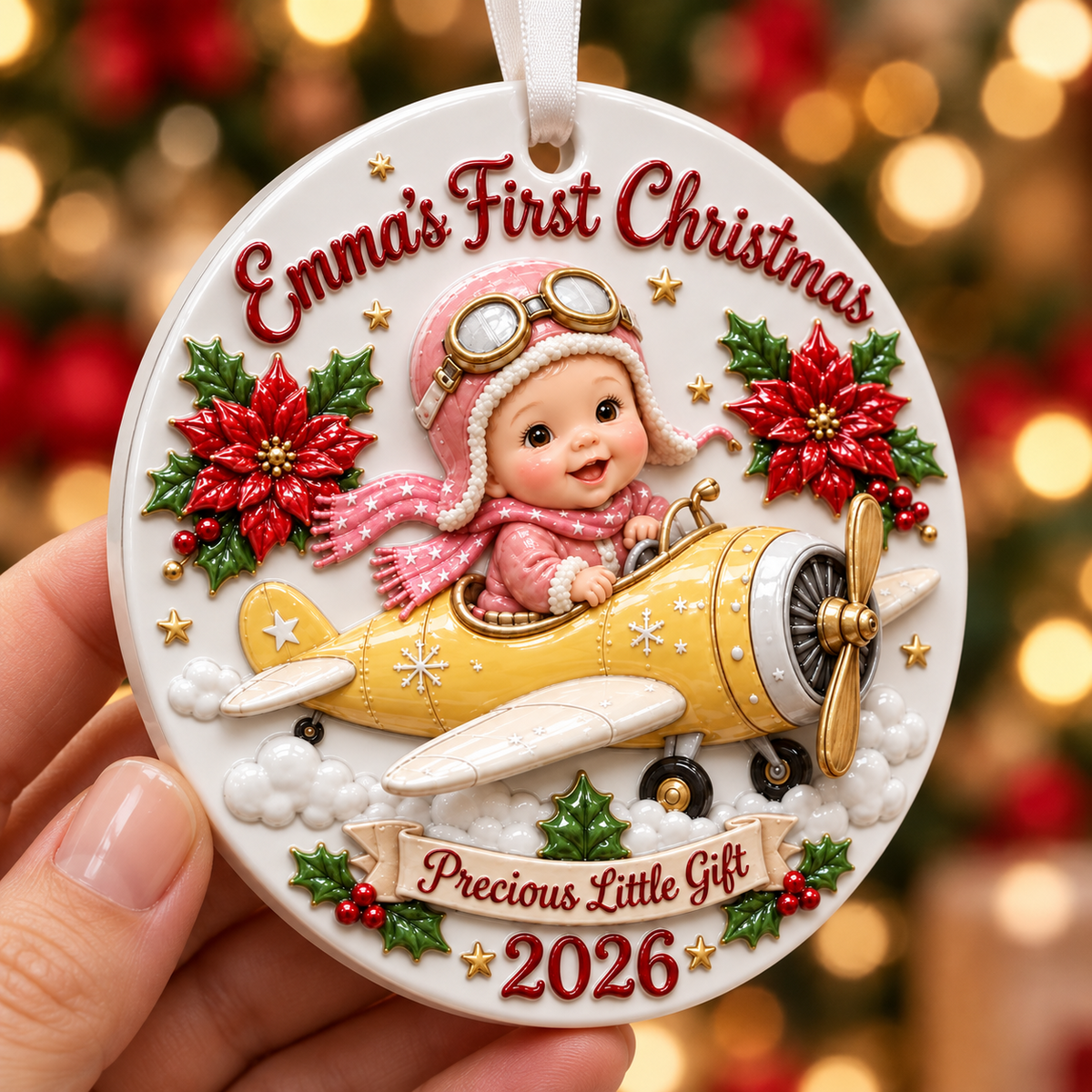 Baby Pilot in Yellow Airplane Holiday Keepsake Disc - 3D Relief Ornament
