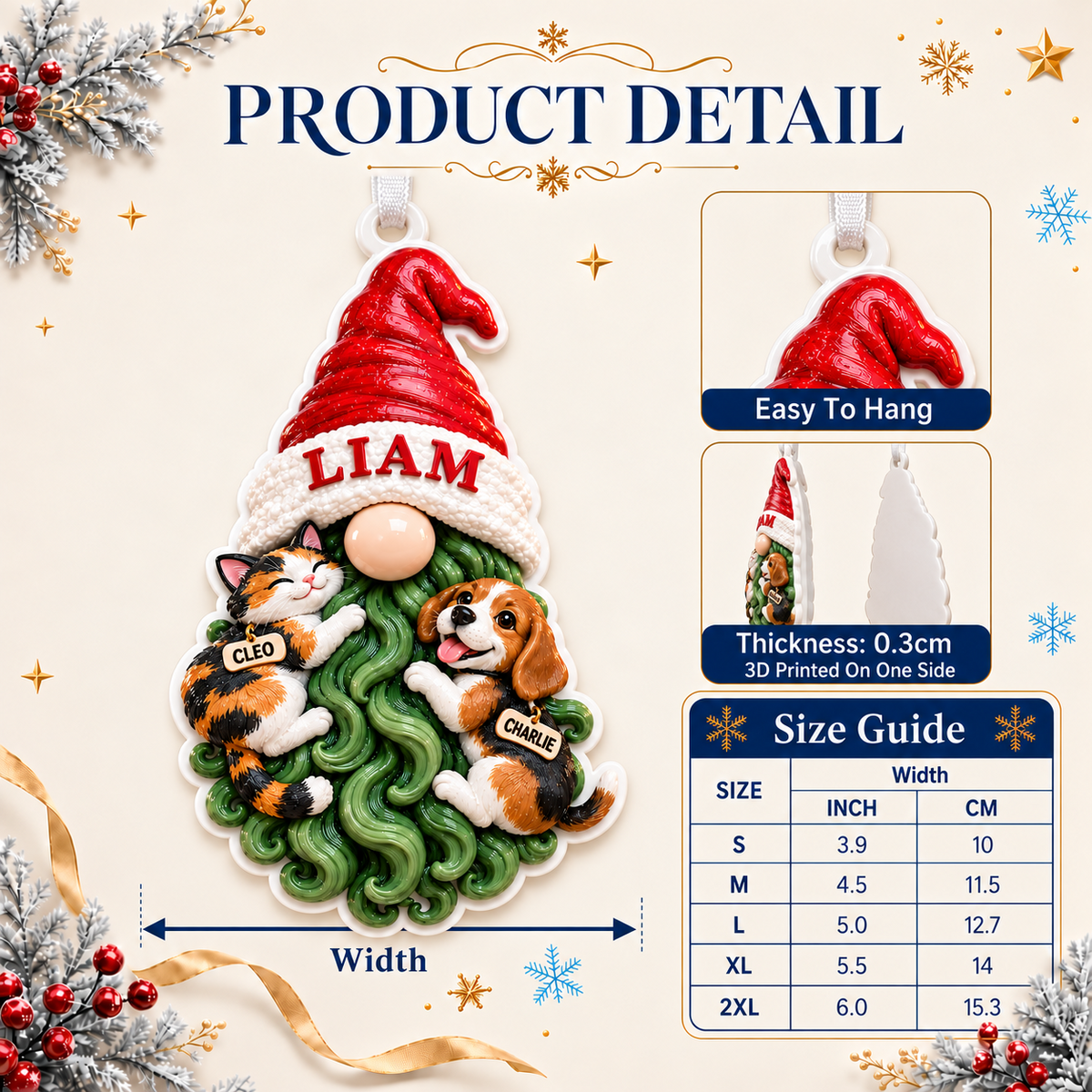 Christmas Gnome with Calico Cat and Beagle Dog Hanging Holiday Decoration - 3D Relief Ornament