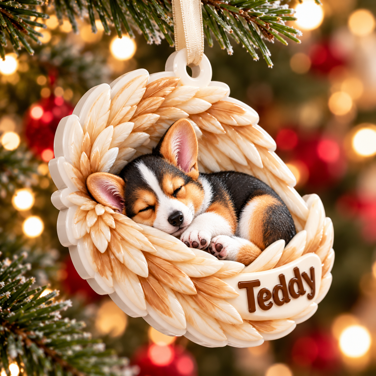 Sleeping Corgi Puppy with Angel Wings Hanging Holiday Keepsake - 3D Relief Ornament