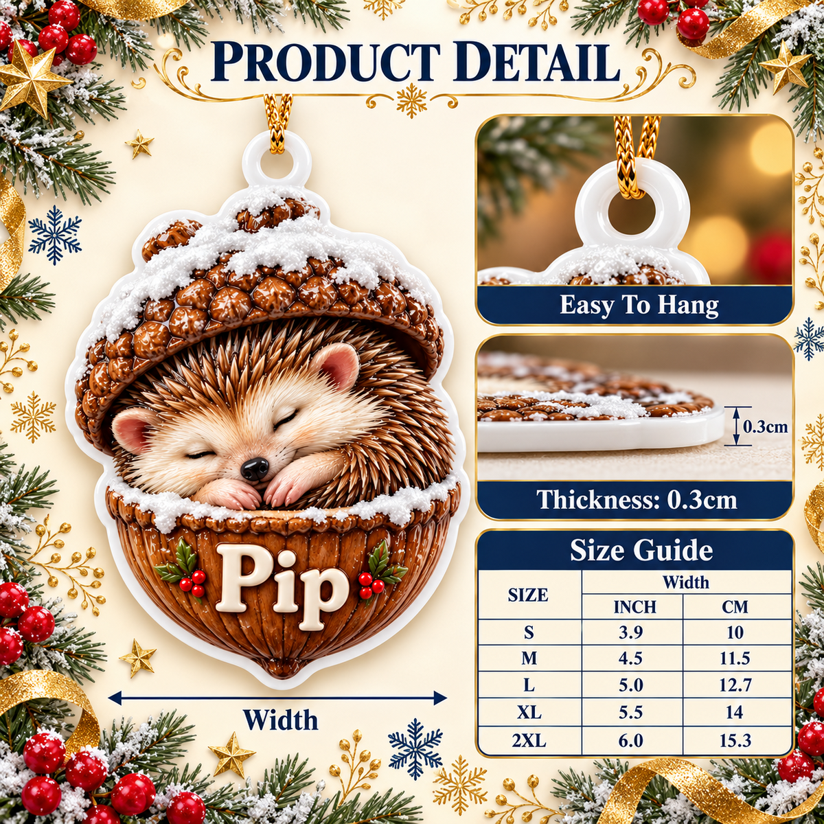 Sleeping Hedgehog in Acorn Shell Holiday Tree Decoration - 3D Relief Ornament