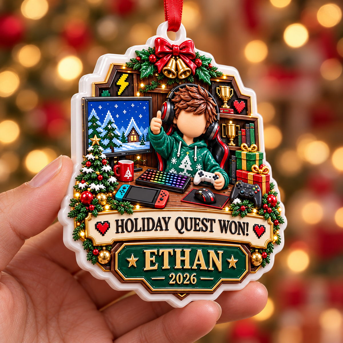 Video Gamer Holiday Quest Boy at Computer Desk Tree Decoration - 3D Relief Ornament