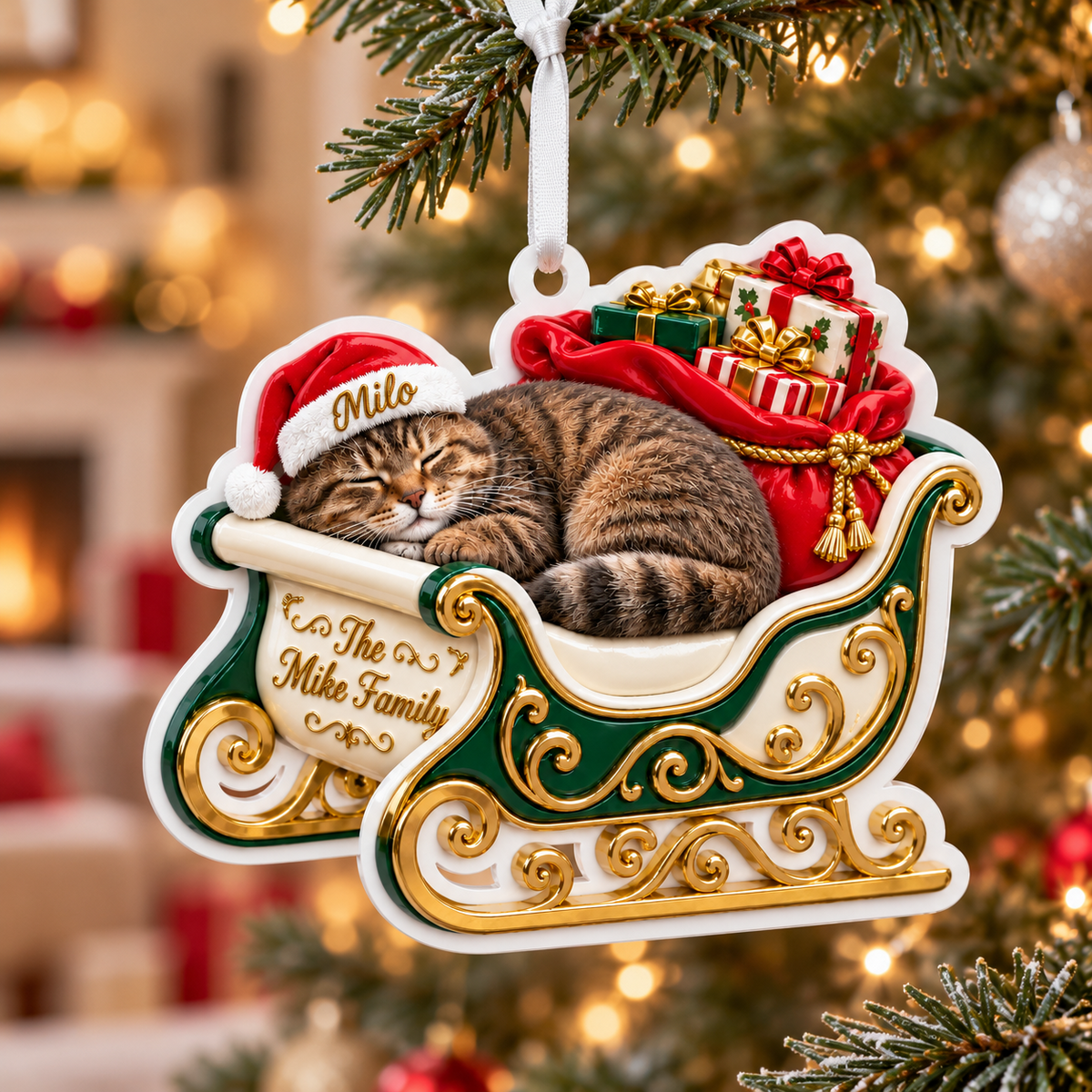 Sleeping Tabby Cat in Green and Gold Christmas Sleigh Holiday Decor - 3D Relief Ornament