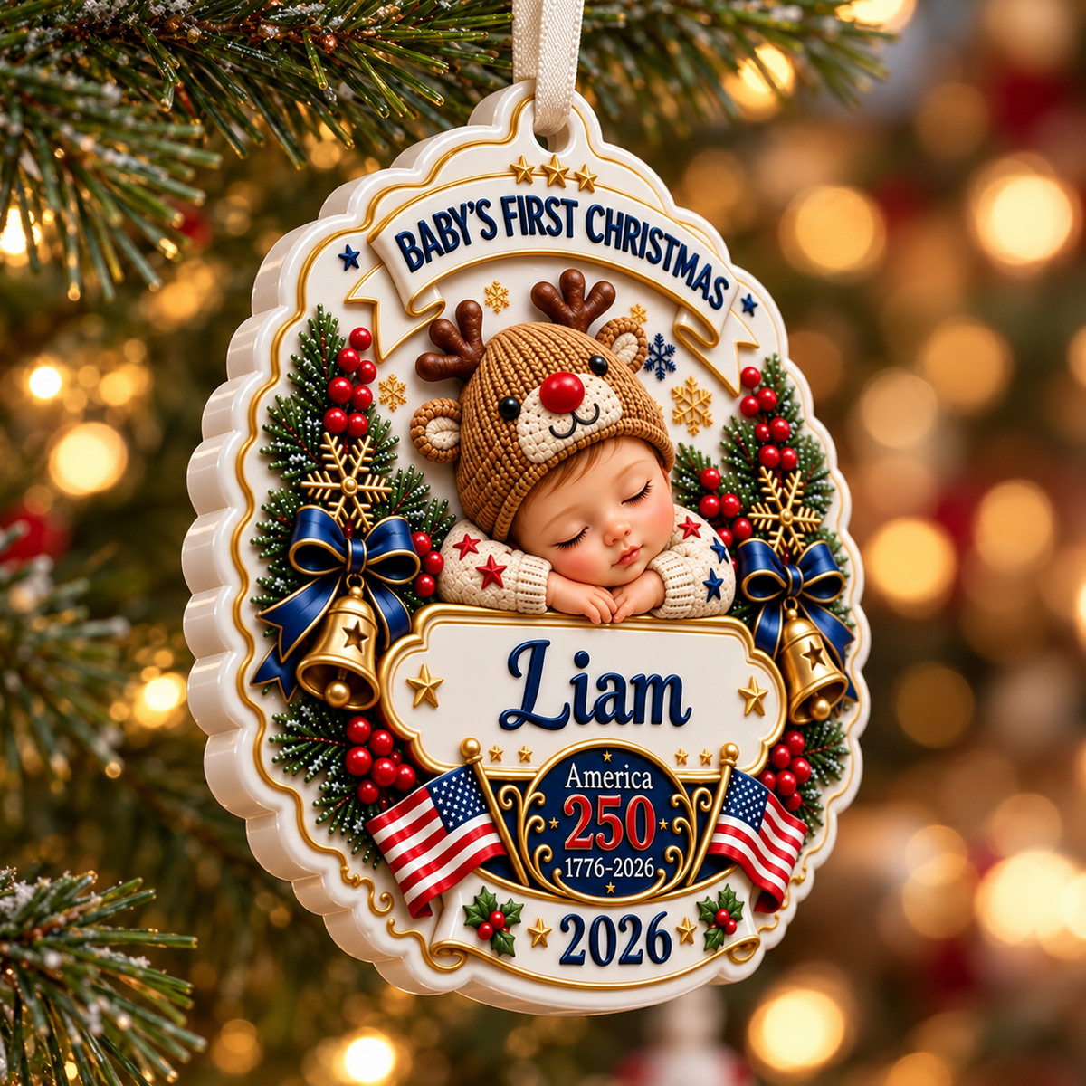 Baby's First Christmas America 250 Semiquincentennial Sleeping Newborn Holiday Medallion - 3D Relief Ornament