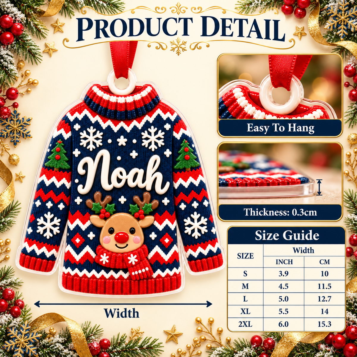Ugly Christmas Sweater Reindeer Pattern Acrylic Holiday Keepsake - 3D Relief Ornament