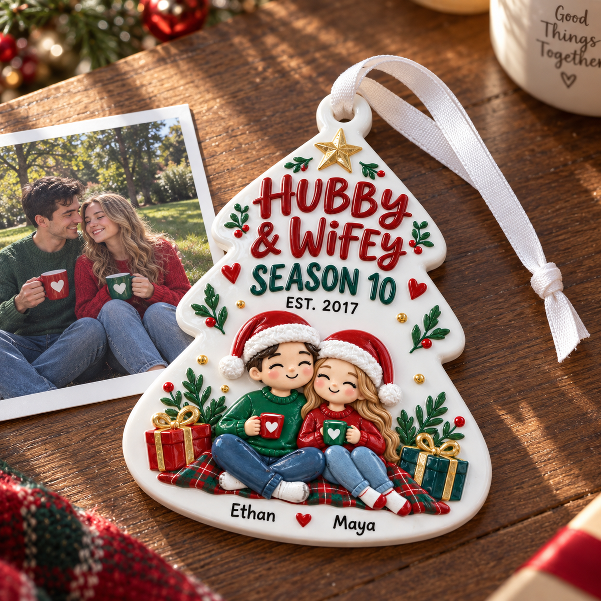 White Hubby and Wifey Christmas Tree Shaped Couple Holiday Keepsake - 3D Relief Ornament
