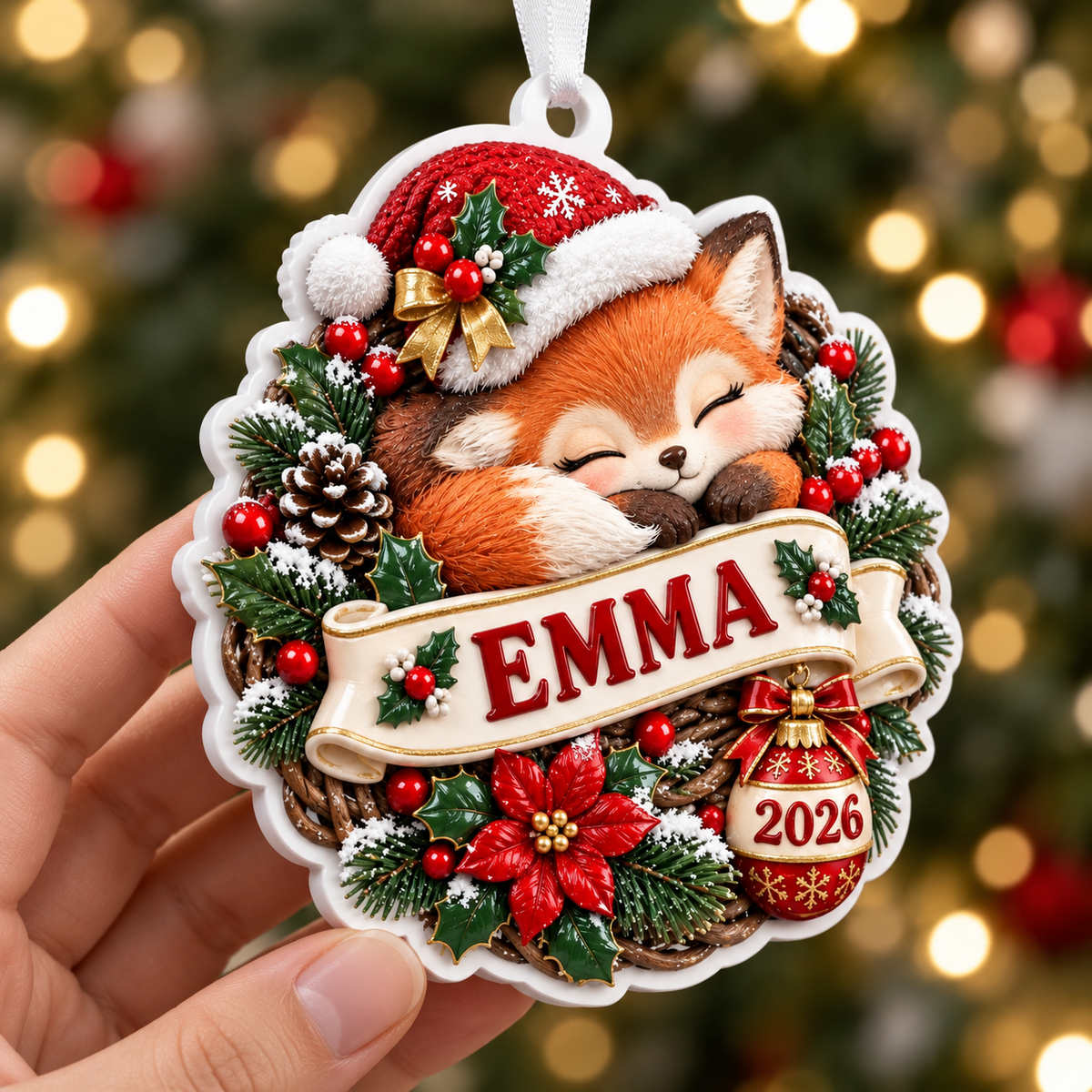 Sleeping Fox Wreath with Santa Hat Acrylic Christmas Keepsake - 3D Relief Ornament
