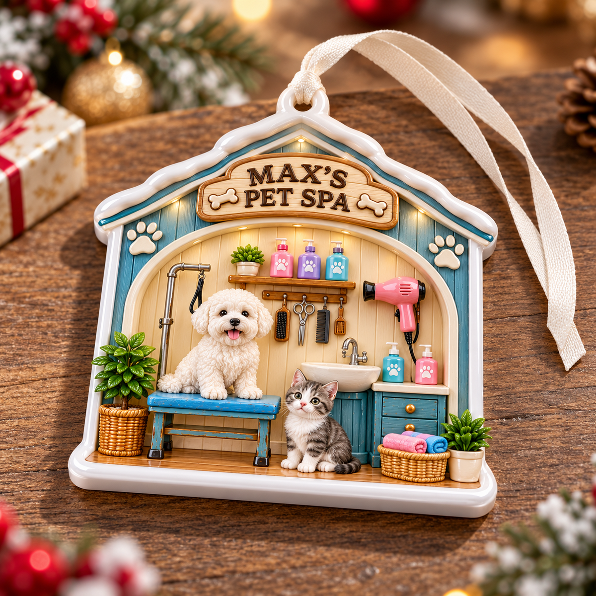 Pet Grooming Salon Scene Hanging Dog and Cat Spa Decor - 3D Relief Ornament