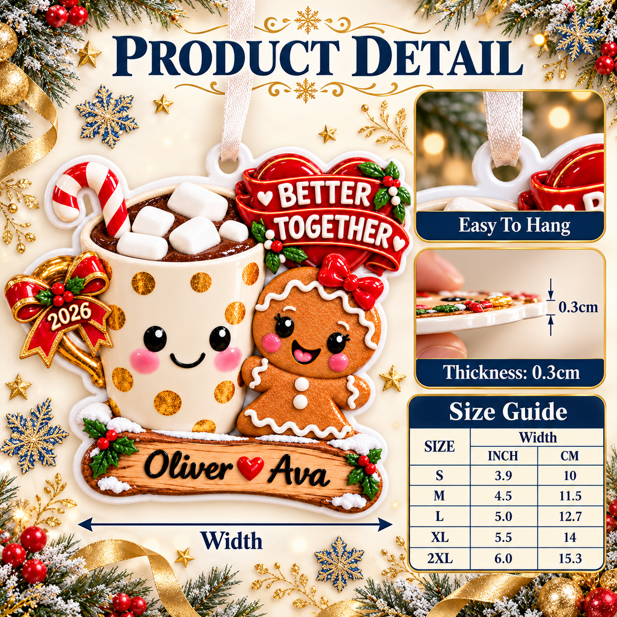 Hot Cocoa Mug and Gingerbread Couple Better Together Holiday Keepsake - 3D Relief Ornament