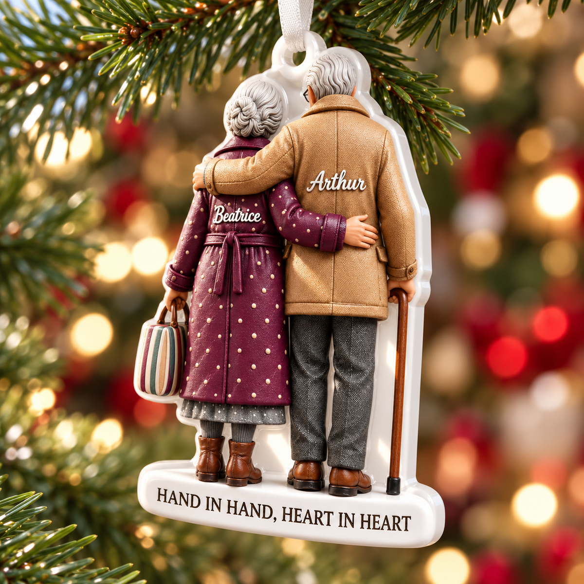 Grandparents Holiday Tree Keepsake, Elderly Couple Embracing Design - 3D Relief Ornament