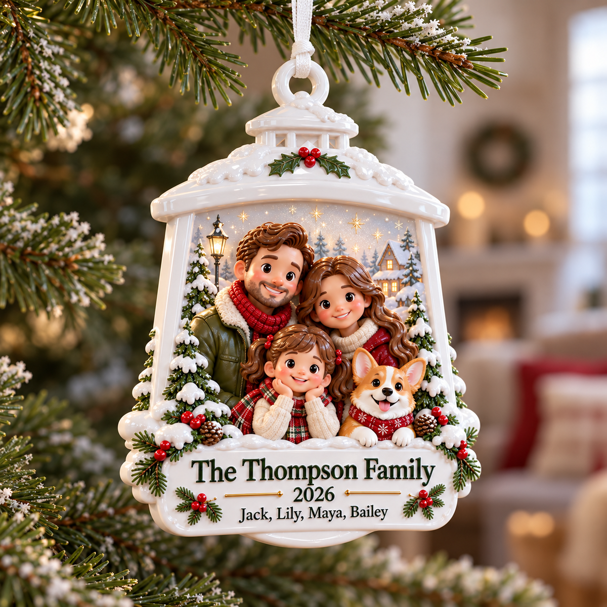 Winter Lantern Family and Dog Hanging Holiday Keepsake - 3D Relief Ornament