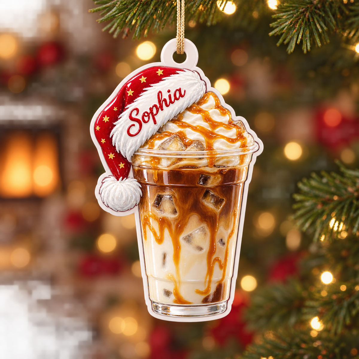 Iced Caramel Macchiato with Santa Hat Acrylic Hanging Holiday Keepsake - 3D Relief Ornament
