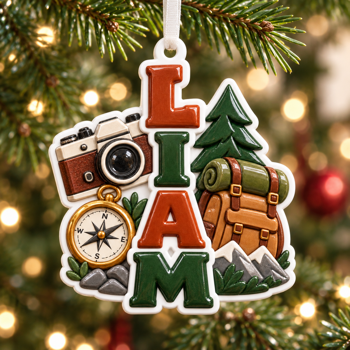 Hiking Adventure Ceramic Holiday Keepsake with Camera Compass and Backpack - 3D Relief Ornament