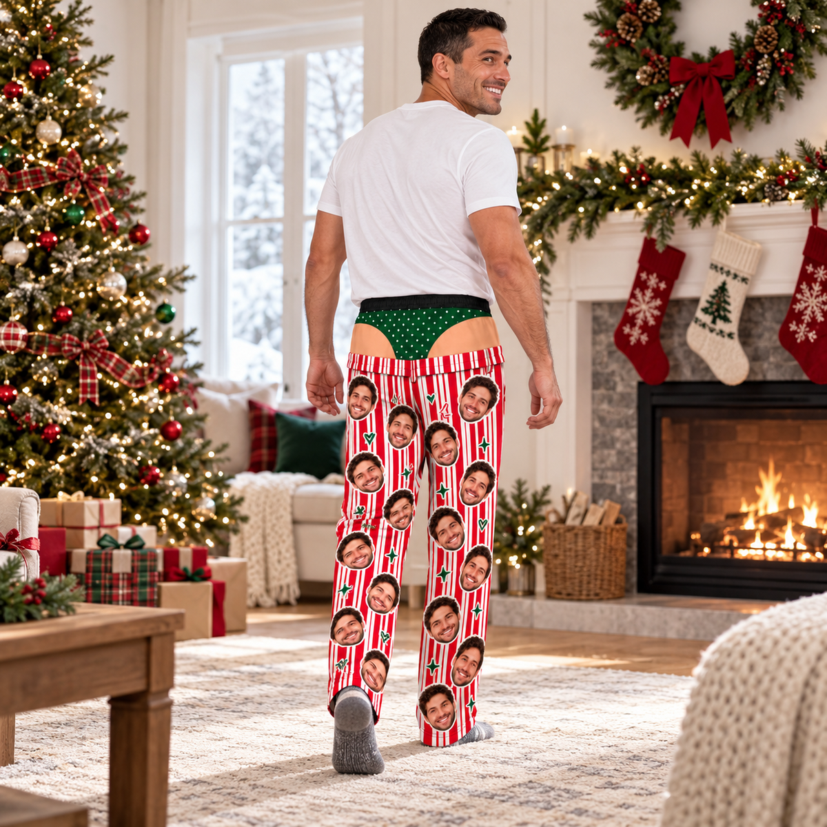 Men Novelty Christmas Pajama Pants Striped Holiday Lounge Bottoms