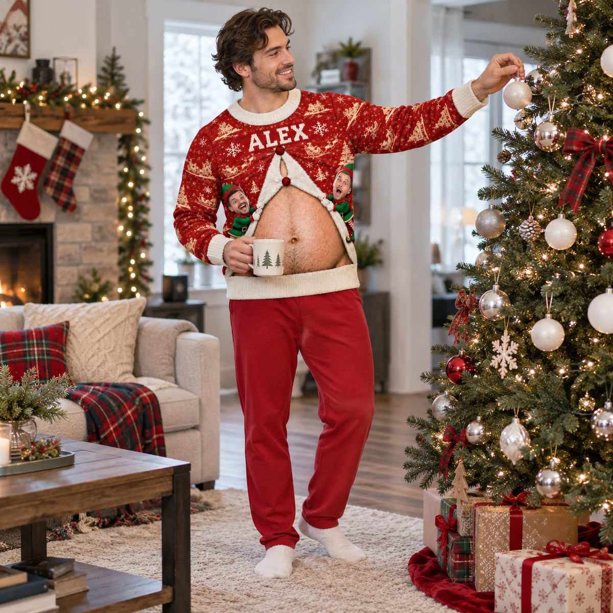 Christmas Sweatshirt with Hairy Belly Illusion Holiday Pullover