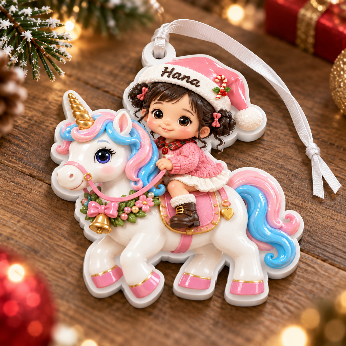 Little Girl in Pink Santa Hat Riding Unicorn Acrylic Christmas Tree Hanging Decor - 3D Relief Ornament