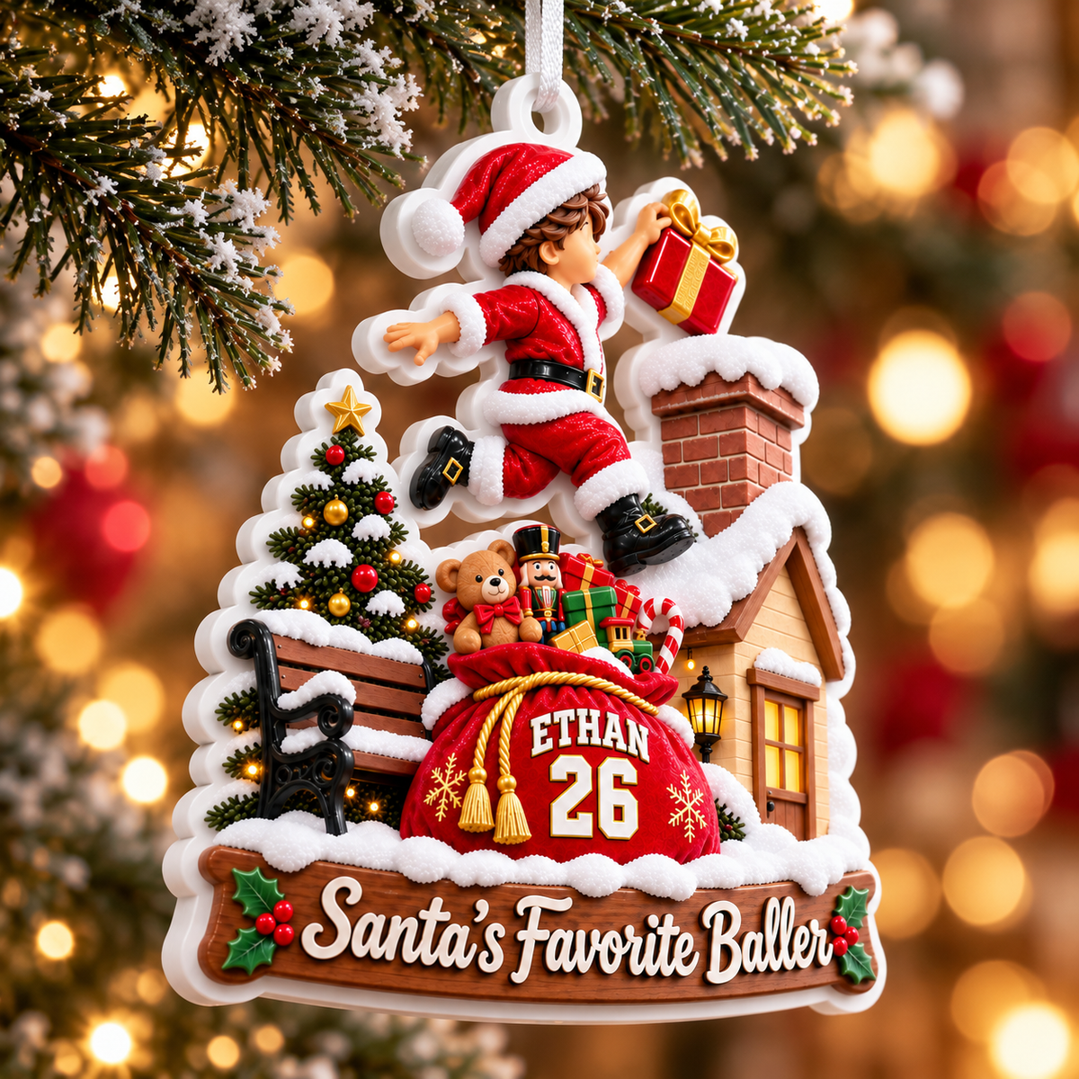 Santa's Favorite Baller Chimney Scene Acrylic Holiday Keepsake - 3D Relief Ornament