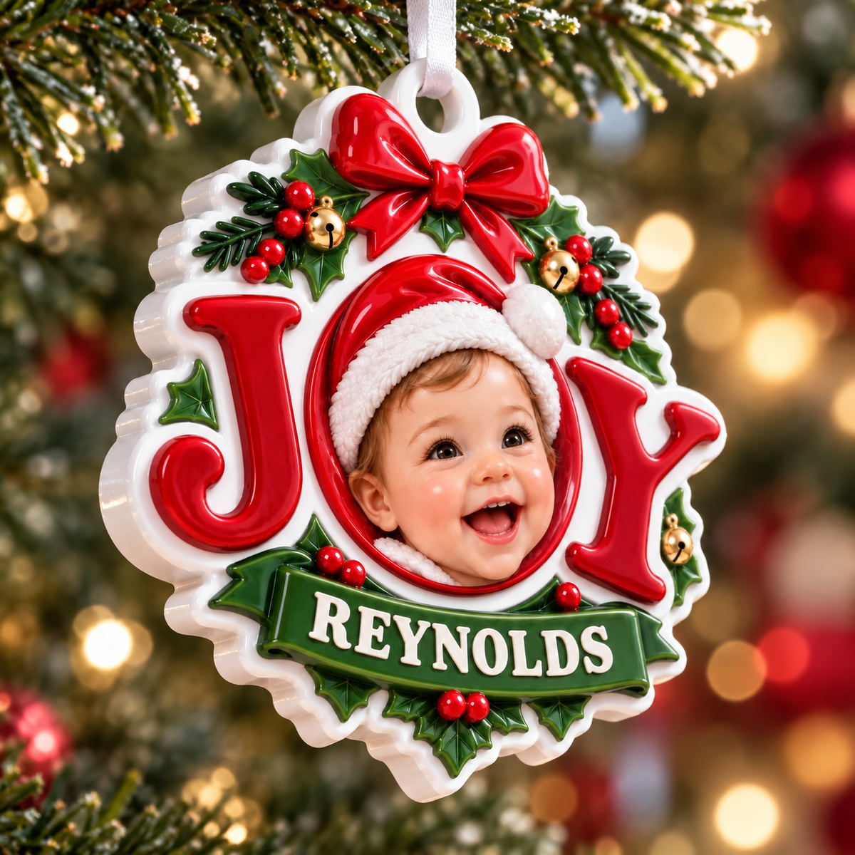 Christmas Joy Tree Hanging Frame Medallion with Red Ribbon Bow and Holly - 3D Relief Ornament