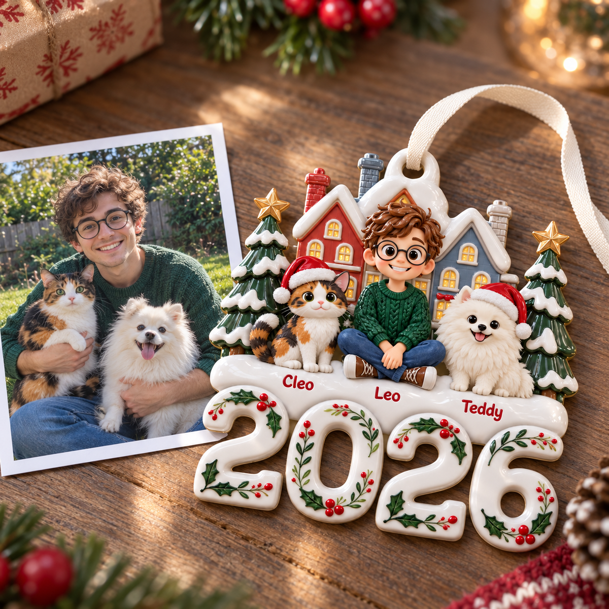Dated 2026 Christmas Village Snowy Townhouse and Pine Tree Holiday Decor - 3D Relief Ornament