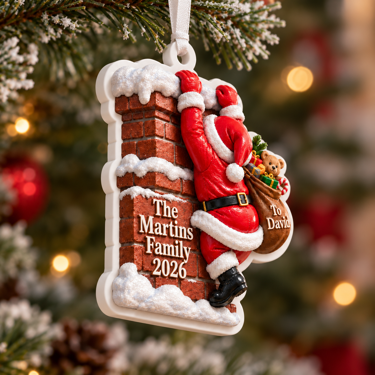 Santa Climbing Brick Chimney Christmas Tree Hanging Keepsake - 3D Relief Ornament