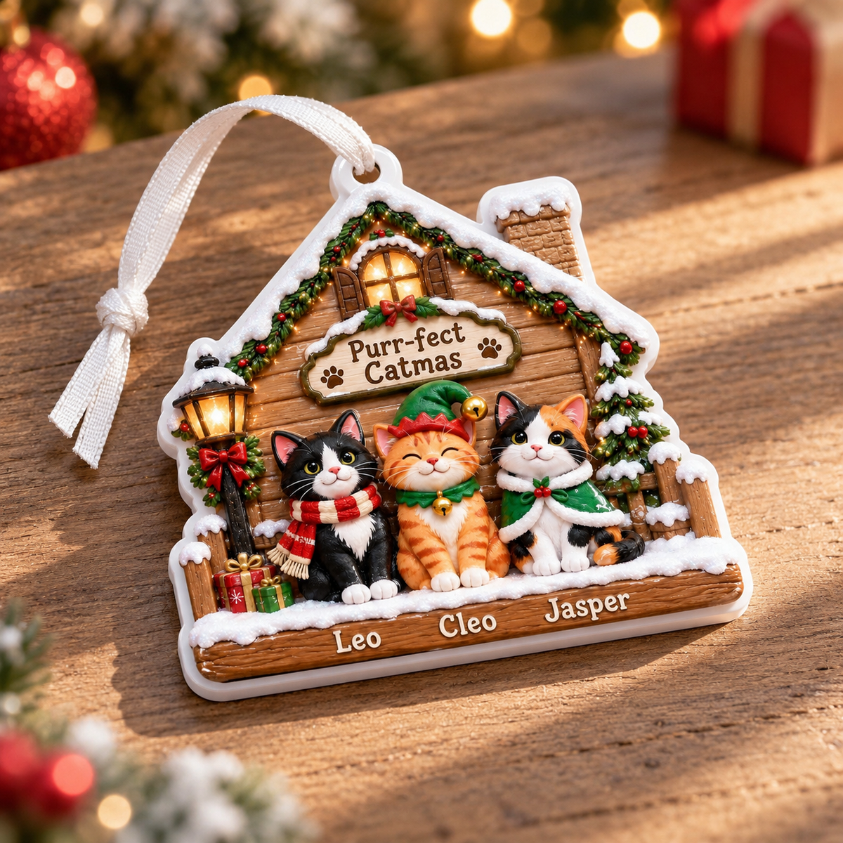 Cat Christmas Cabin Porch Holiday Keepsake Wooden Winter House - 3D Relief Ornament