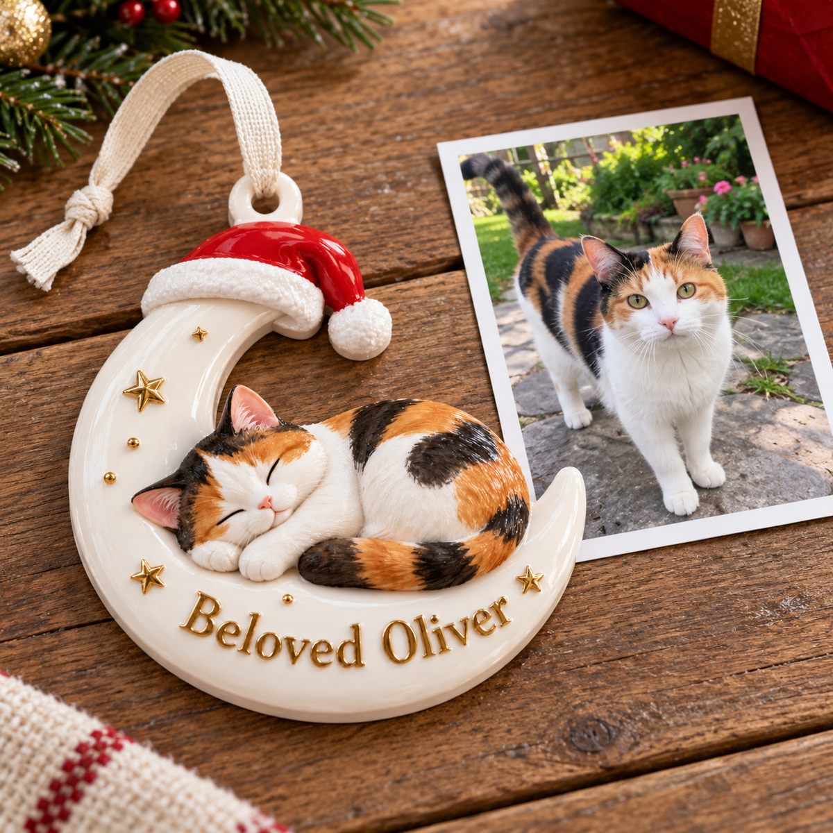 Sleeping Calico Cat on Crescent Moon with Santa Hat Holiday Keepsake - 3D Relief Ornament