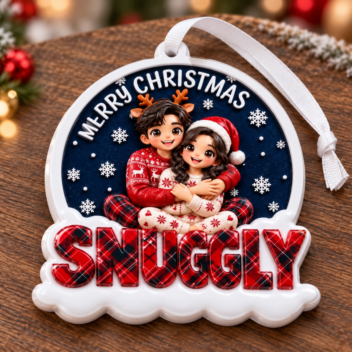 Merry Christmas Couple Hugging in Winter Pajamas Hanging Keepsake - 3D Relief Ornament