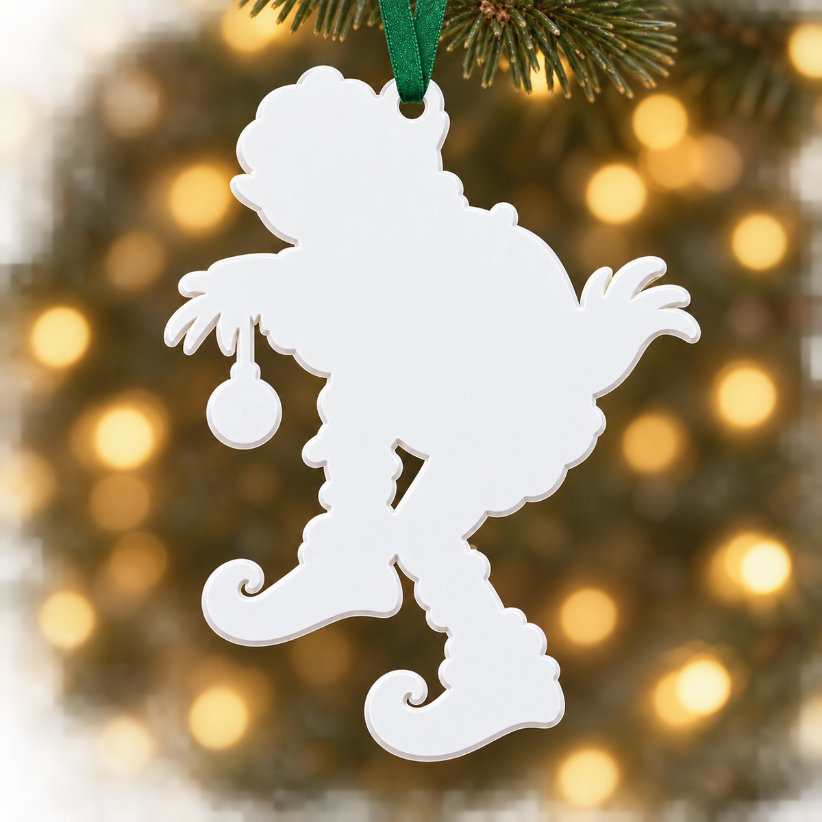 Stealthy Green Elf in Santa Coat with Christmas Lights Hanging Acrylic Bauble - 3D Relief Ornament