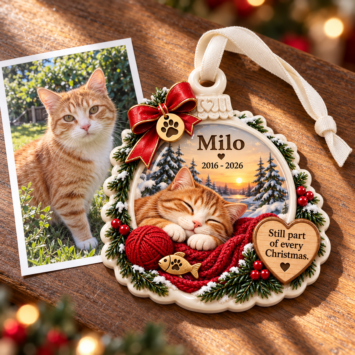 Sleeping Orange Tabby Cat Memorial Holiday Keepsake with Pine Wreath - 3D Relief Ornament