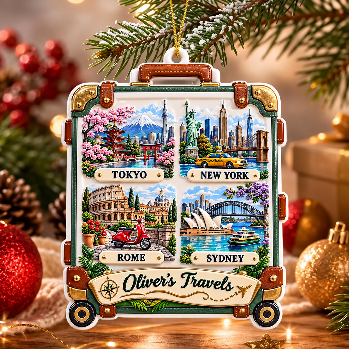 Travel Suitcase Luggage City Landmarks Hanging Holiday Keepsake - 3D Relief Ornament