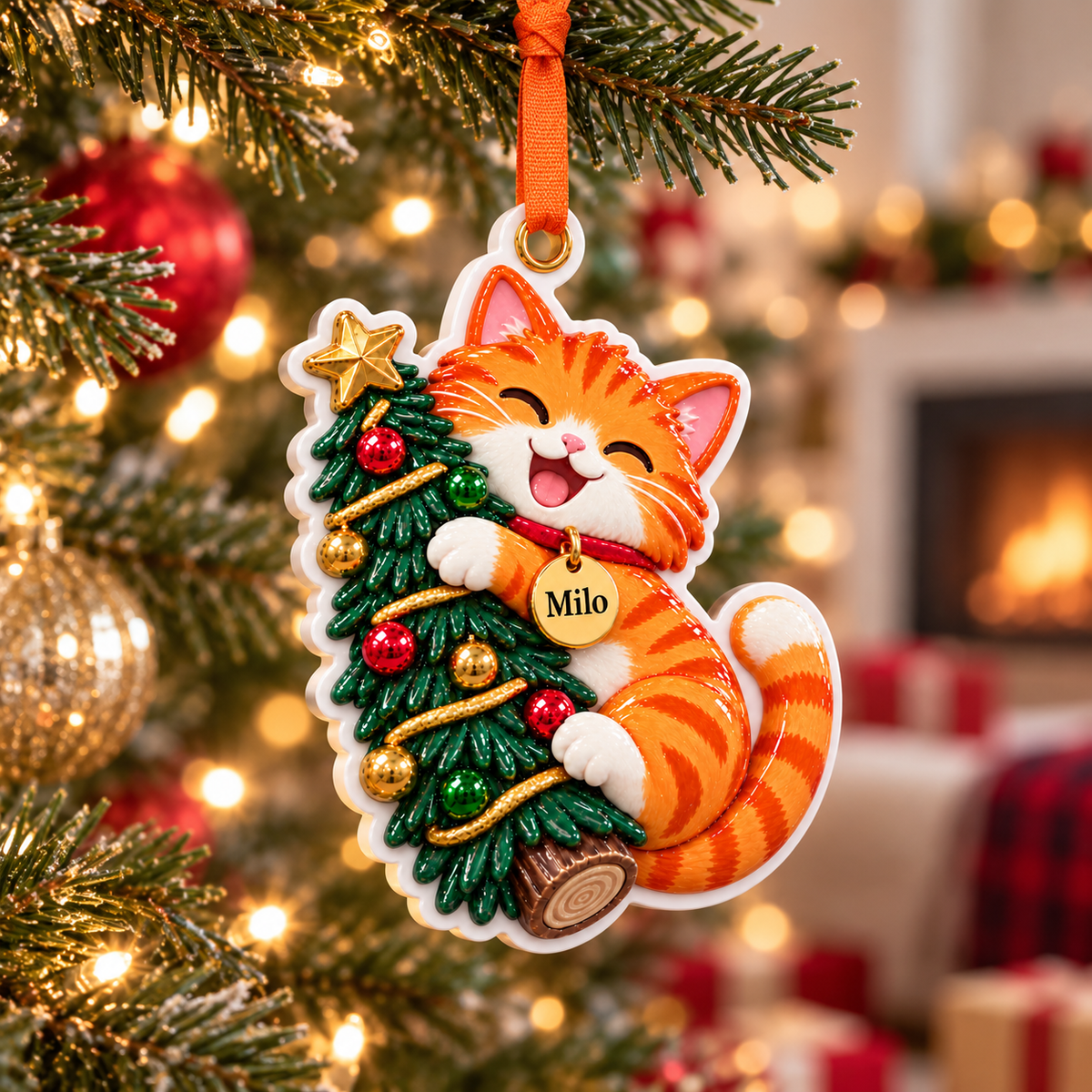 Orange Tabby Cat Hugging Christmas Tree Holiday Keepsake - 3D Relief Ornament