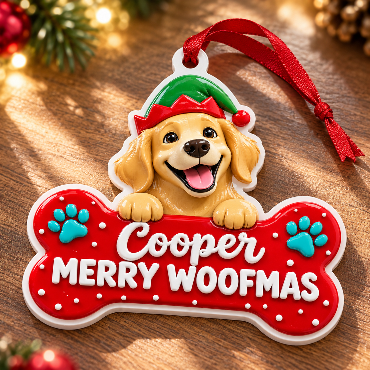 Golden Retriever Puppy Wearing Elf Hat Dog Bone Holiday Tree Decor - 3D Relief Ornament