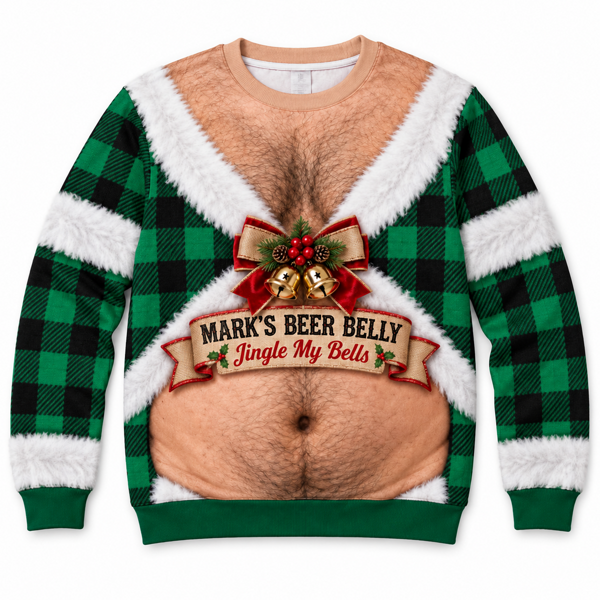 Funny Christmas Sweatshirt Hairy Chest Beer Belly Plaid Pullover