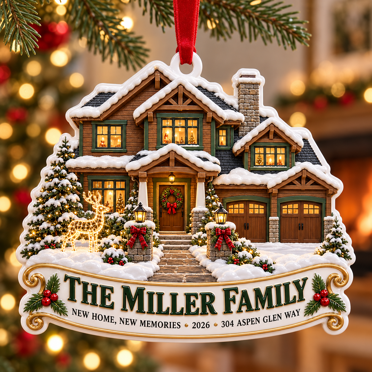 Snowy Winter House Holiday Keepsake with Ribbon Hanging Loop - 3D Relief Ornament