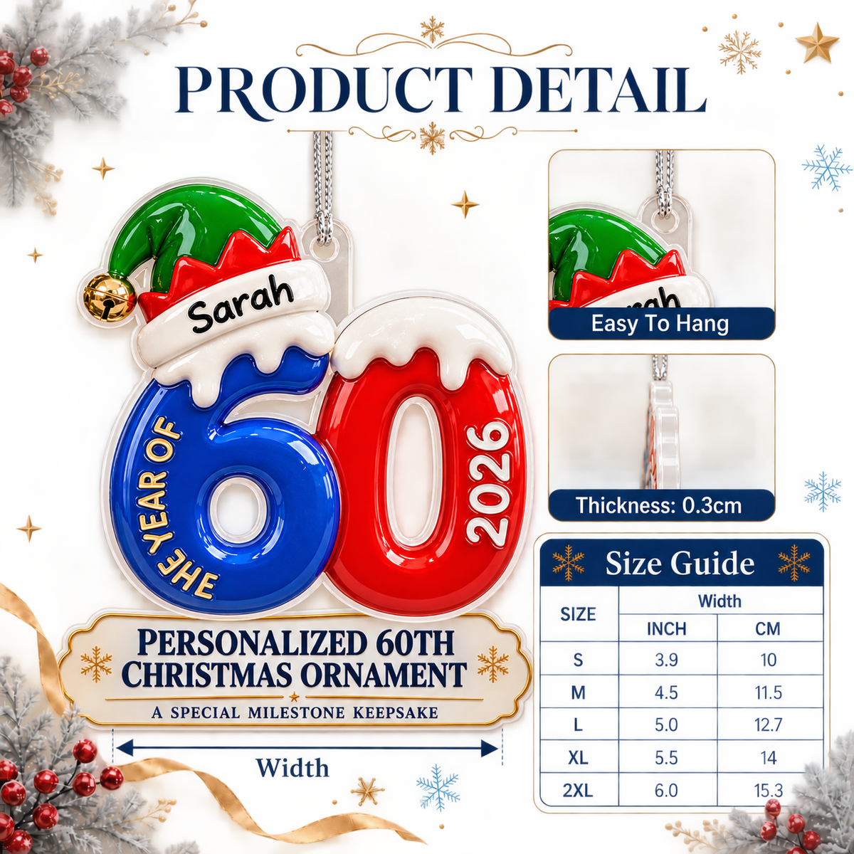 Milestone Birthday Number 60 Elf Hat Acrylic Hanging Keepsake - 3D Relief Ornament