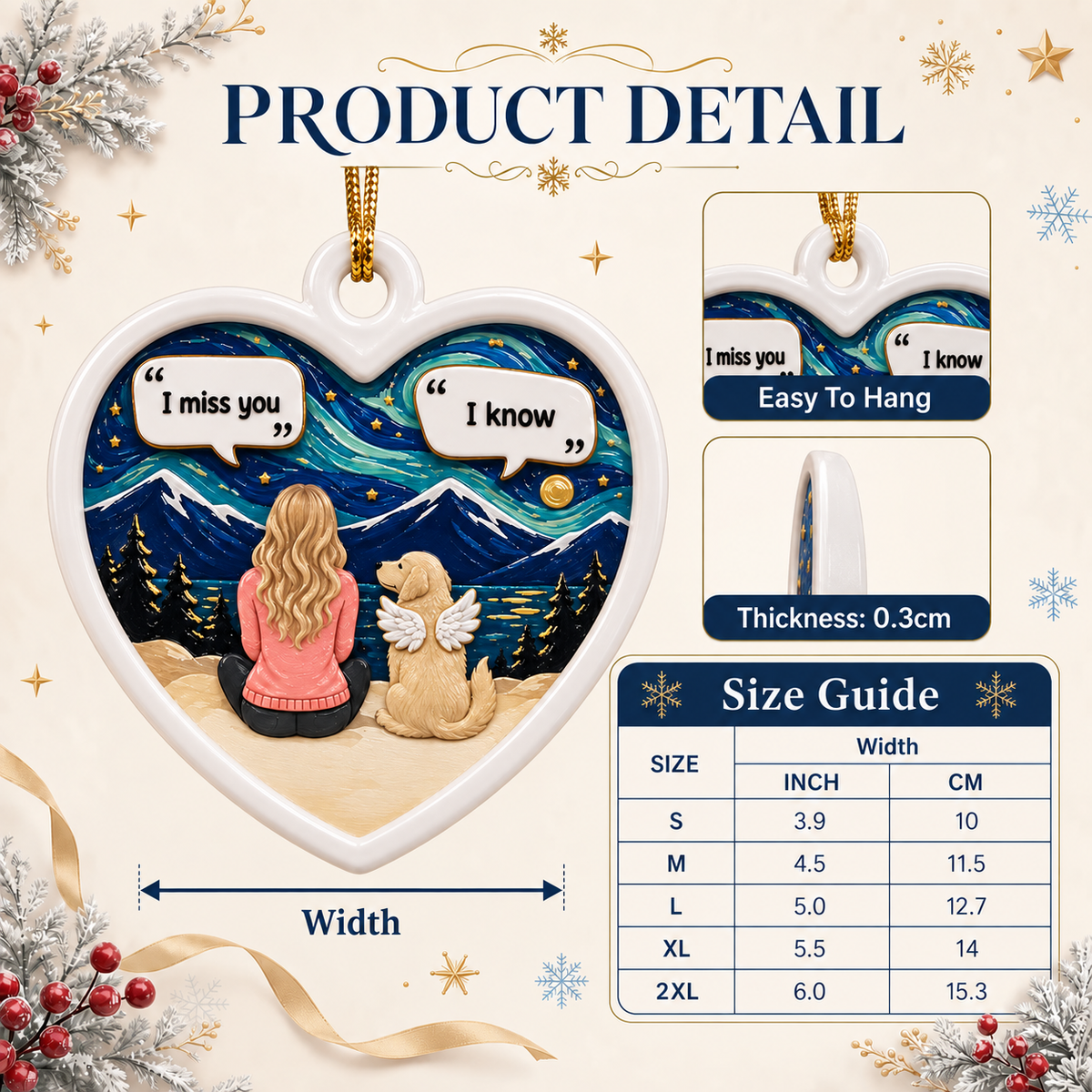 Dog Memorial Heart Keepsake Girl and Angel Pet Starry Mountain Nightscape - 3D Relief Ornament