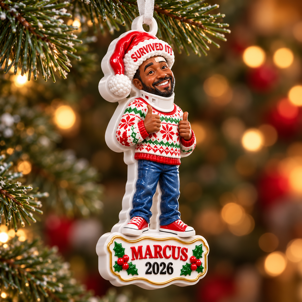 Survived It Injured Man in Ugly Sweater Christmas Tree Hanging Keepsake - 3D Relief Ornament