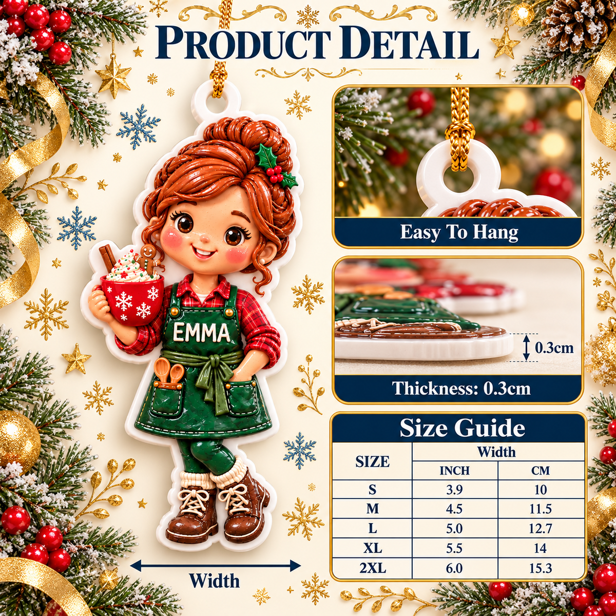 Baking Girl with Hot Cocoa and Green Apron Holiday Tree Decor - 3D Relief Ornament