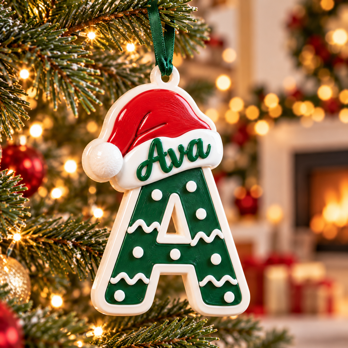 Christmas Letter A Monogram with Santa Hat, Green and White Holiday Tree Hanging - 3D Relief Ornament