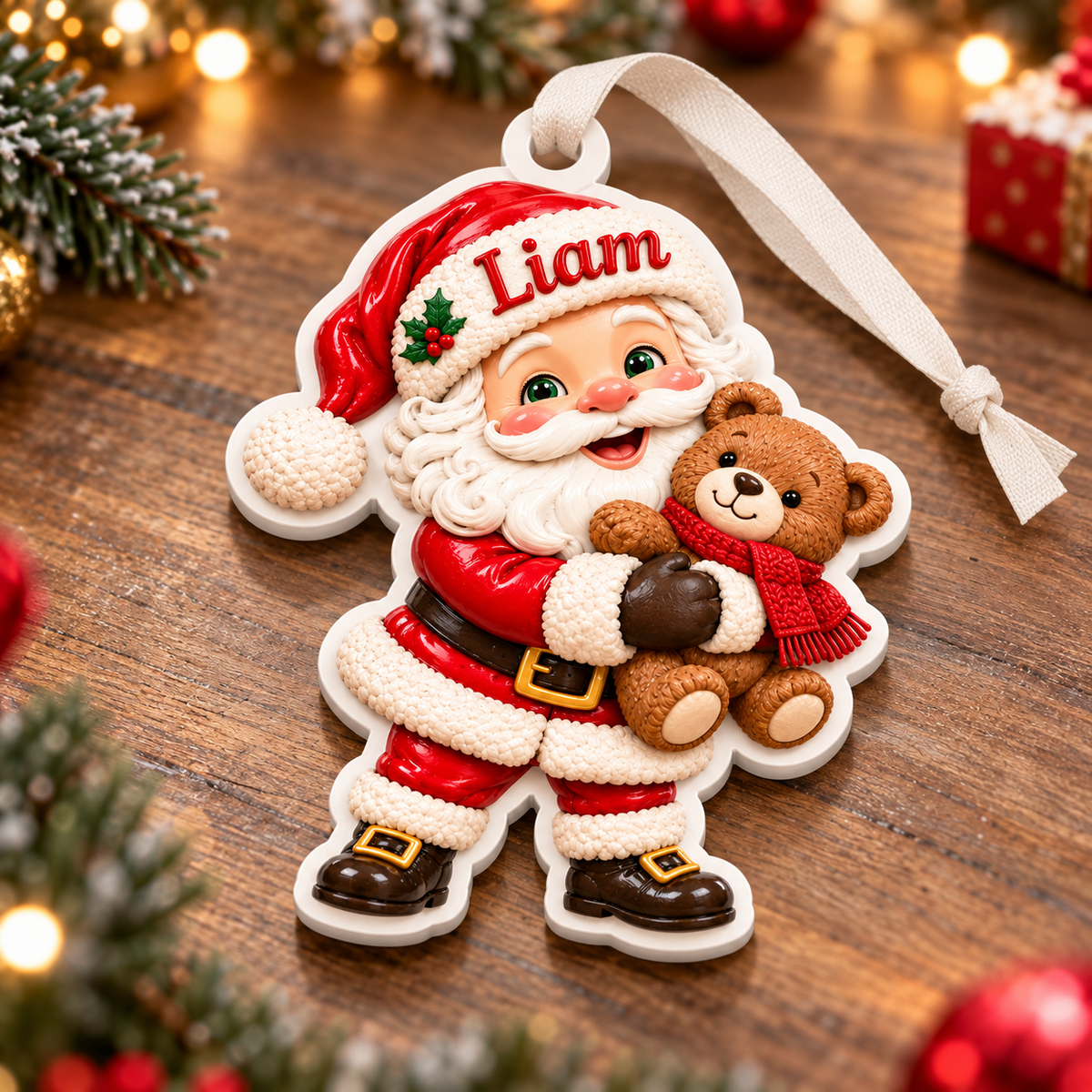 Santa Claus Holding Teddy Bear Acrylic Holiday Tree Decoration - 3D Relief Ornament