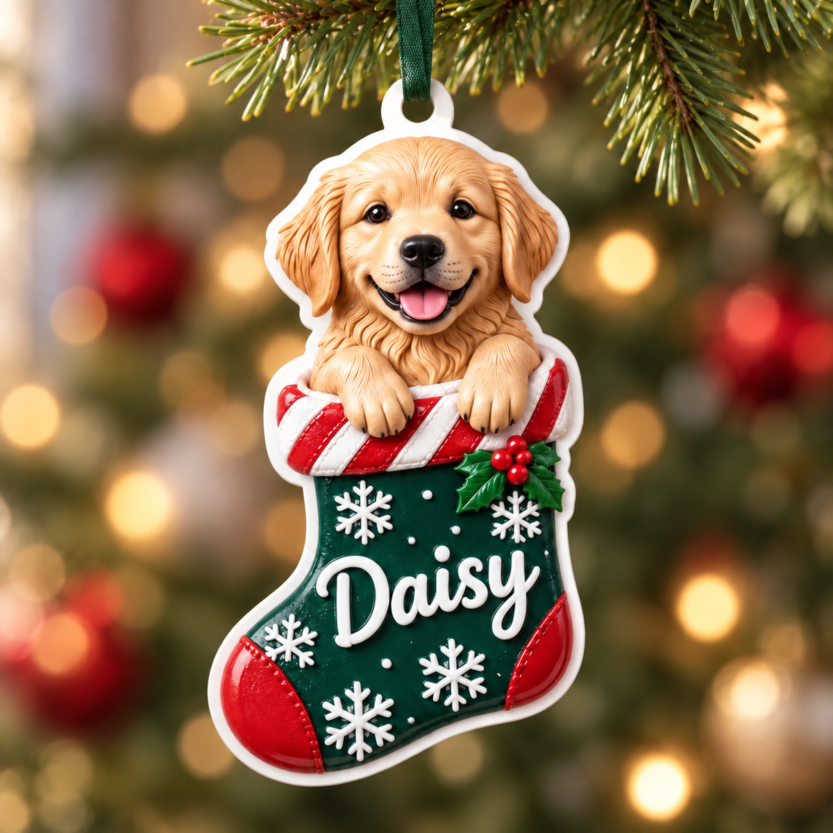 Golden Retriever Puppy in Christmas Stocking Holiday Tree Hanging Decor - 3D Relief Ornament