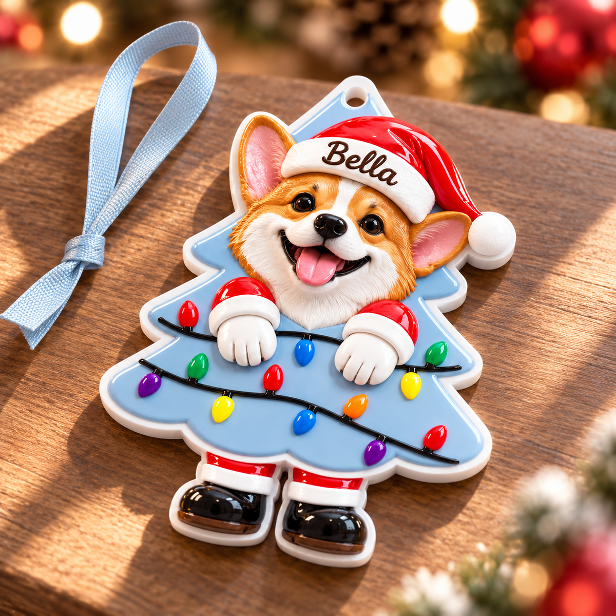 Pembroke Welsh Corgi Dog in Santa Hat Christmas Tree Holiday Hanging Decor - 3D Relief Ornament