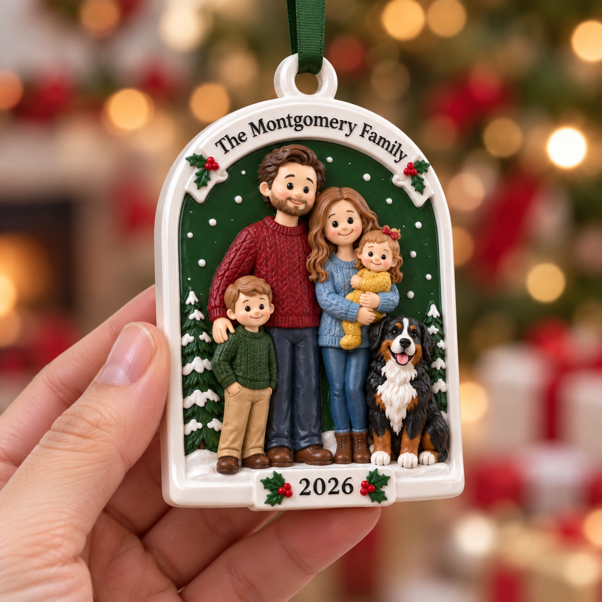 Family of 4 with Pet Dog Christmas Tree Hanging Plaque, Arched Ceramic Holiday Keepsake - 3D Relief Ornament