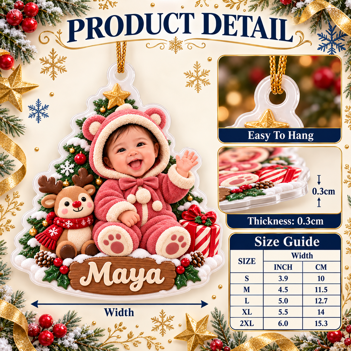 Baby Girl First Christmas Tree Plaque with Reindeer and Teddy Bear Suit - 3D Relief Ornament