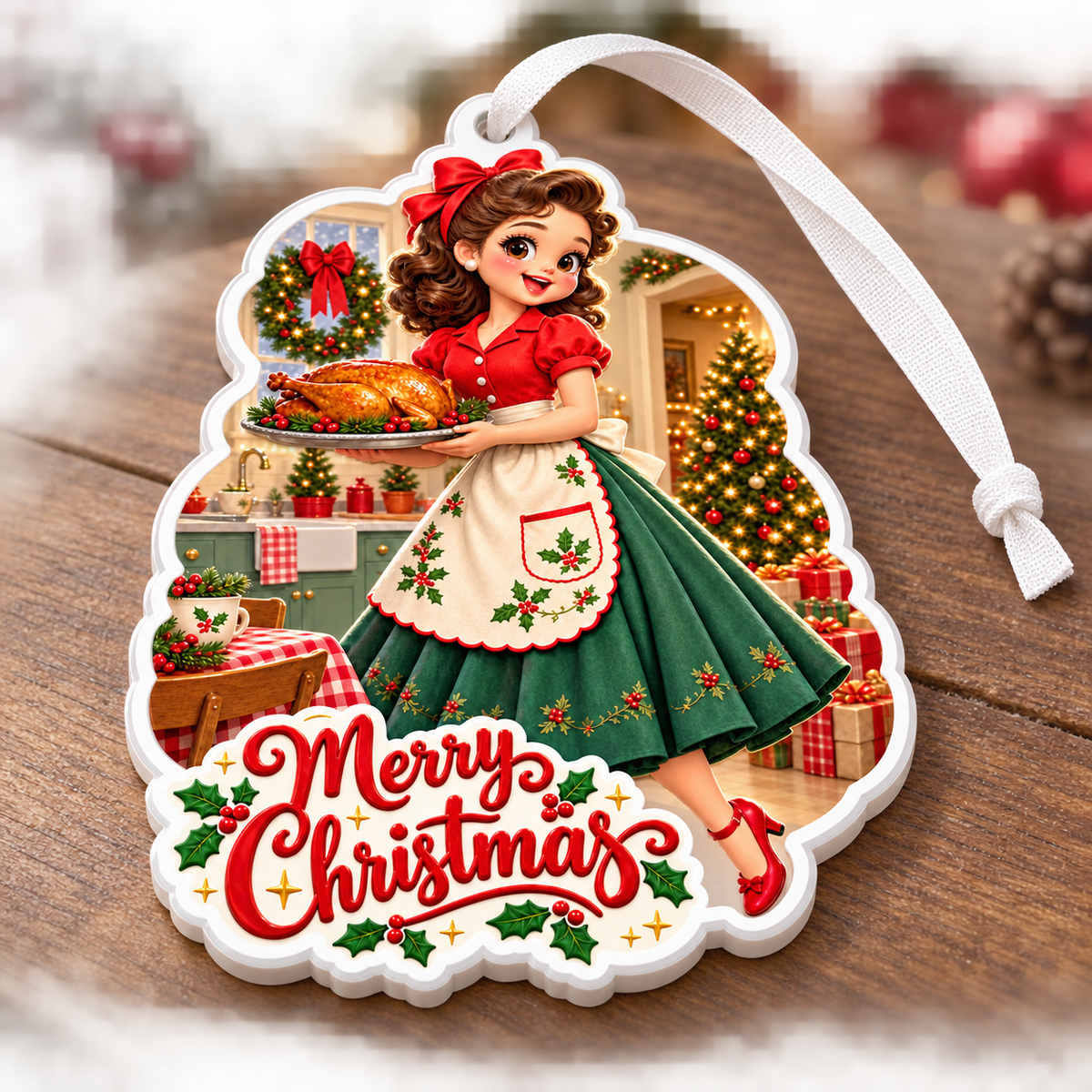 Retro Holiday Homemaker with Roast Turkey Acrylic Holiday Keepsake - 3D Relief Ornament
