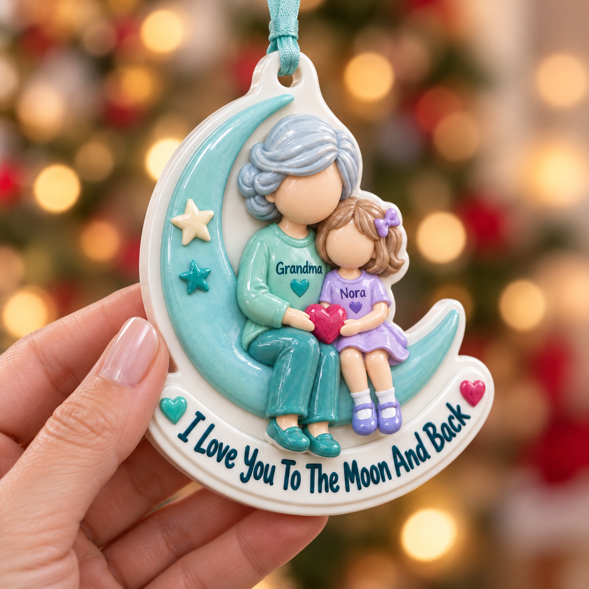 Grandmother and Granddaughter Crescent Moon Acrylic Hanging Keepsake, Teal Holiday Decor - 3D Relief Ornament