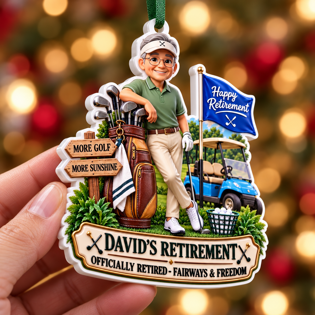 Happy Retirement Golfer with Cart and Bag Acrylic Hanging Keepsake - 3D Relief Ornament