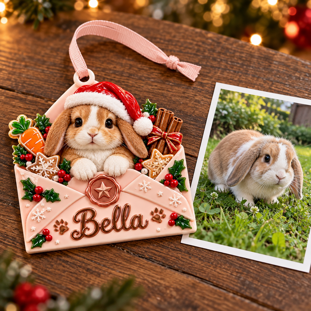 Baby Bunny in Pink Envelope Christmas Tree Pendant - 3D Relief Ornament