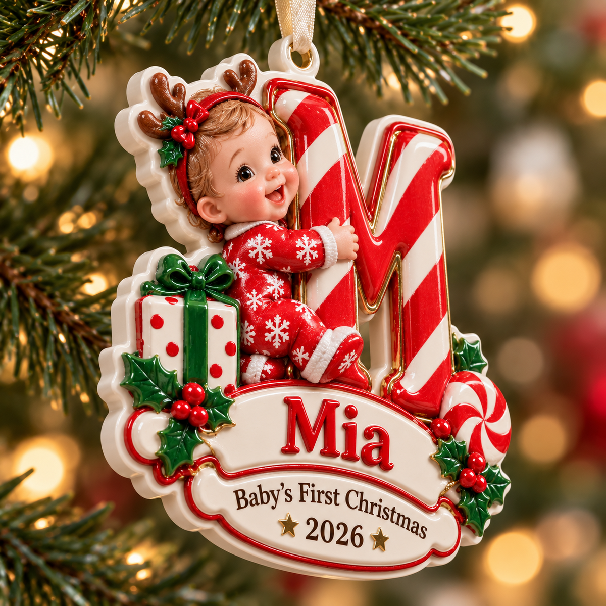 Baby First Christmas Initial Letter M Keepsake with Candy Cane Stripe - 3D Relief Ornament